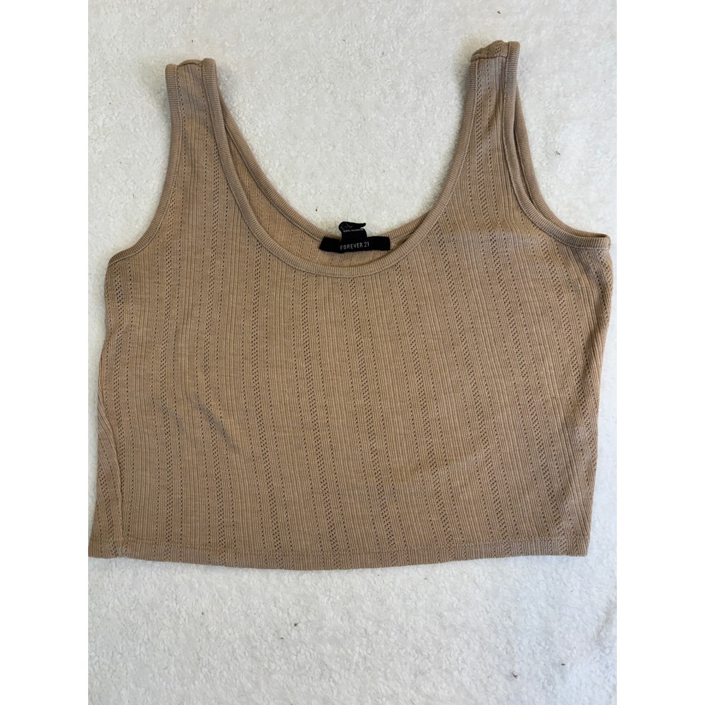 Forever 21 Tan Beige Pointelle Ribbed Knit Crop Tank Top Scoop Neck Womens Small